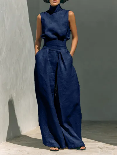 Women Fashion Casual Solid Color Sleeveless Top And Wide Leg Pants Two-Piece Set