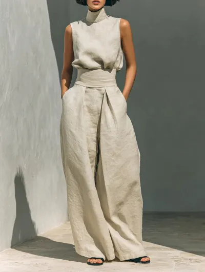 Women Fashion Casual Solid Color Sleeveless Top And Wide Leg Pants Two-Piece Set