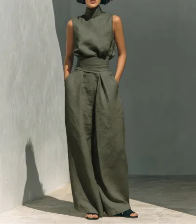 Women Fashion Casual Solid Color Sleeveless Top And Wide Leg Pants Two-Piece Set