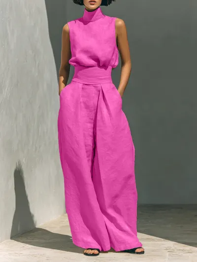 Women Fashion Casual Solid Color Sleeveless Top And Wide Leg Pants Two-Piece Set