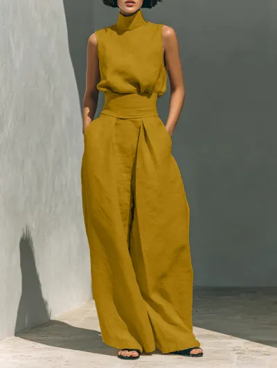 Women Fashion Casual Solid Color Sleeveless Top And Wide Leg Pants Two-Piece Set