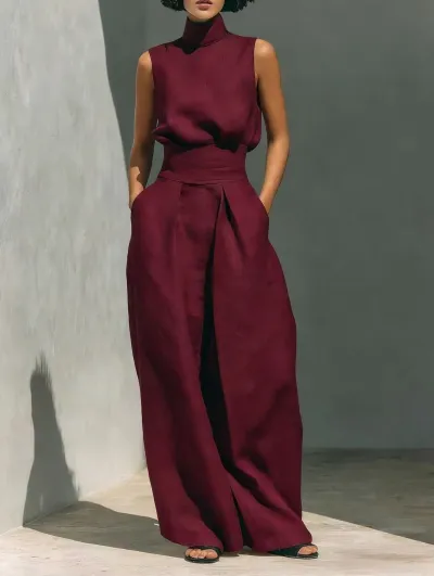 Women Fashion Casual Solid Color Sleeveless Top And Wide Leg Pants Two-Piece Set