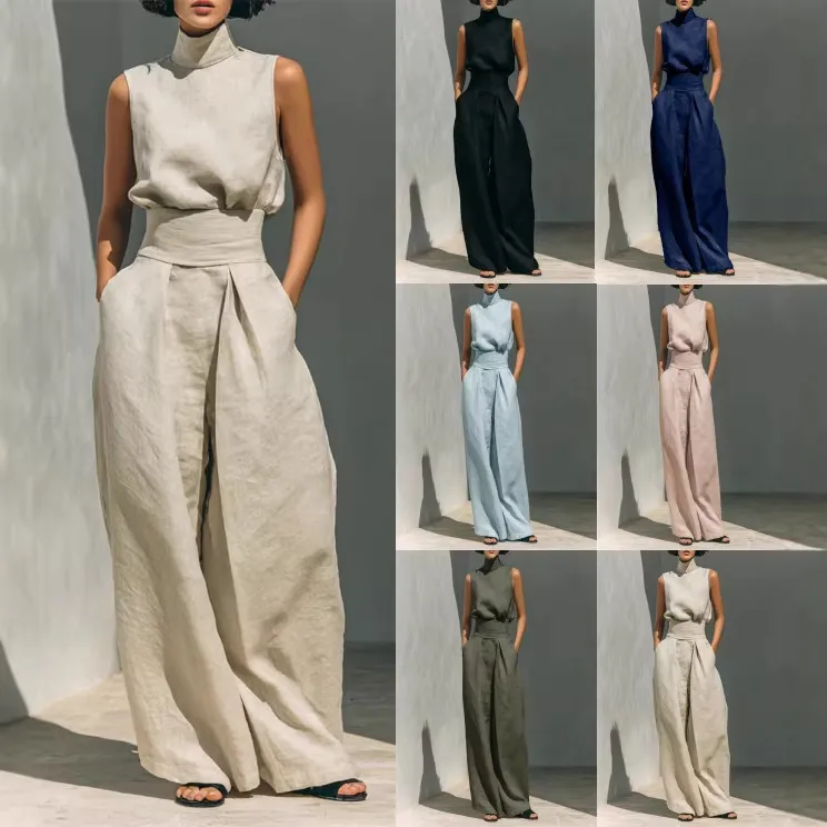 Women Fashion Casual Solid Color Sleeveless Top And Wide Leg Pants Two-Piece Set