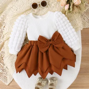 Kids Baby Girls Fashion Spring Solid Color Bow Puff Sleeve Top Irregular Long Sleeve Skirt Two-Piece Cotton Set