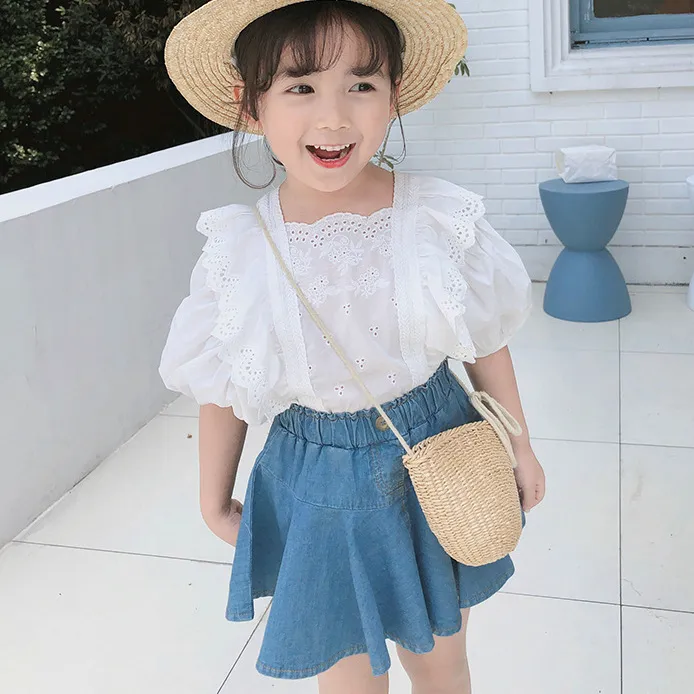 Kids Girls' Fashion Elegant Solid Color Lace Shirt Denim Skirt Two-Piece Set
