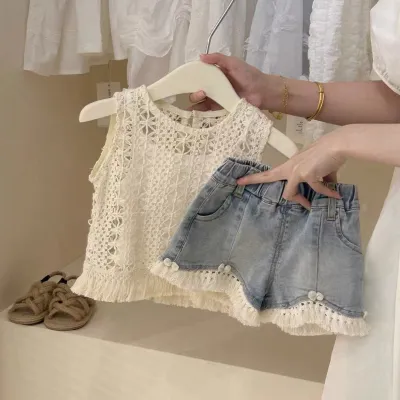 Kids Girls Fashion Summer Hollow Tank Top Denim Shorts Two-Piece Set