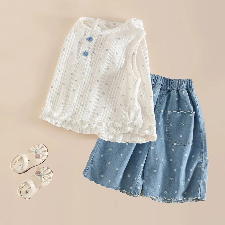 Kids Girls' Fashion Casual Floral Printed Sleeveless Tank Top Jeans Two-Piece Set