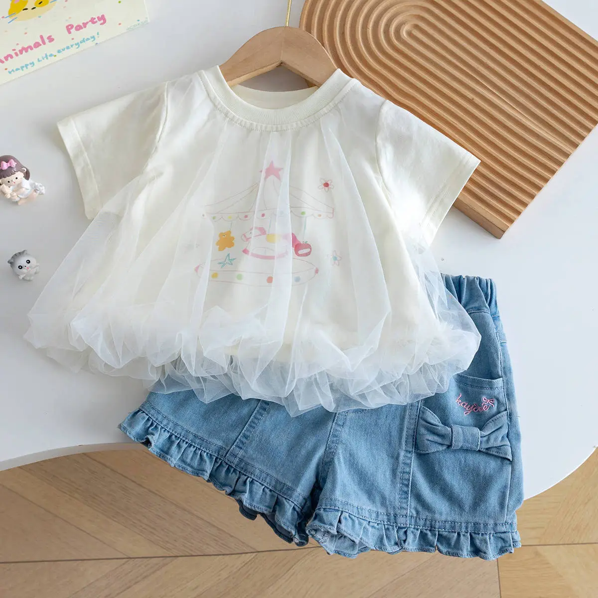 Kids Girl's Summer Sweet Mesh Short-Sleeve T-Shirt Denim Shorts Two-Piece Set