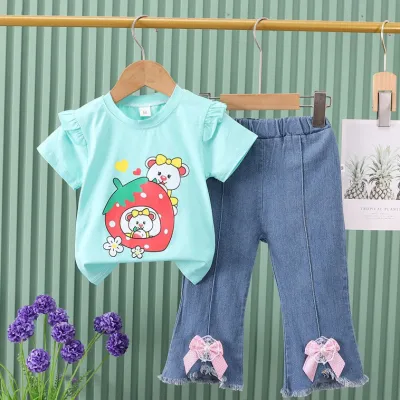 Kids Girl's Summer Cartoon Cute Pattern Printed Short-Sleeve T-Shirt and Jeans Two-Piece Set