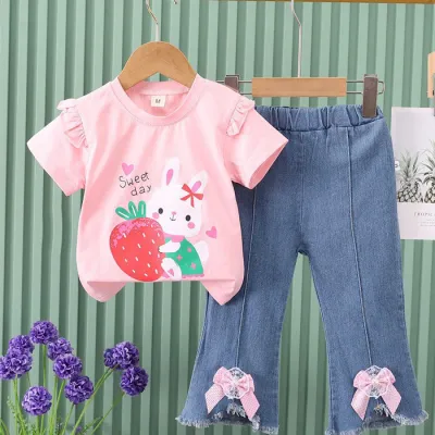 Kids Girl's Summer Cartoon Cute Pattern Printed Short-Sleeve T-Shirt and Jeans Two-Piece Set