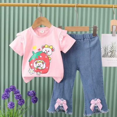 Kids Girl's Summer Cartoon Cute Pattern Printed Short-Sleeve T-Shirt and Jeans Two-Piece Set