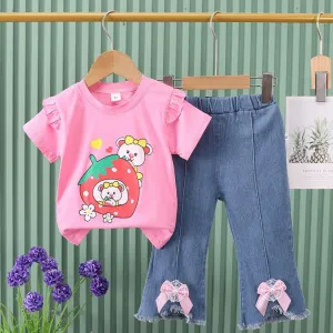 Kids Girl's Summer Cartoon Cute Pattern Printed Short-Sleeve T-Shirt and Jeans Two-Piece Set