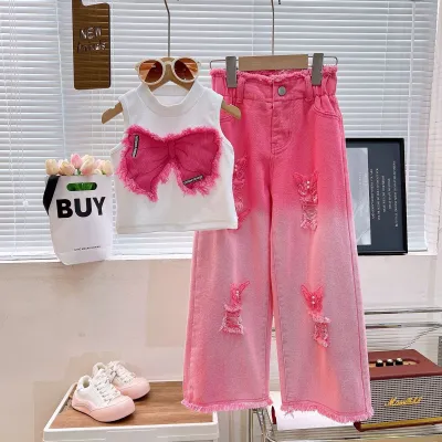 Girl's Fashion Casual Summer Sleeveless Bowknot Tank Top Ripped Jeans Two-Piece Set for Kids 3-14T