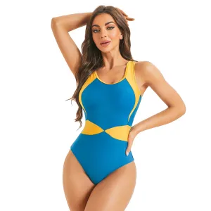 Women Fashion Casual Color Block High Elastic One-Piece Tight Sports Racing Swimsuit