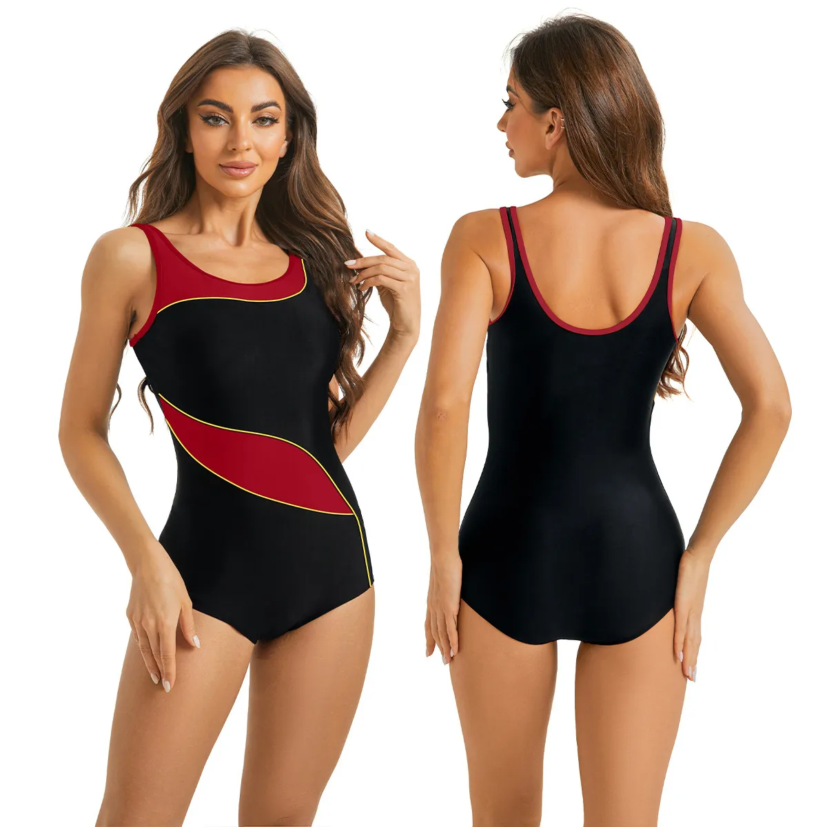 Women Fashion Color Block One-Piece Tight Sports Racing Swimsuit