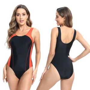 Women Fashion Color Block One-Piece Tight Sports Racing Swimsuit