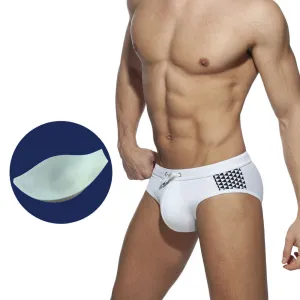 Maillot de bain homme simple à carreaux imprimés sur le côté, noir et blanc, avec bonnet intégré