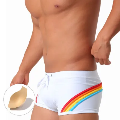Men'S Fashion Rainbow Stripe Cup Swimming Trunks