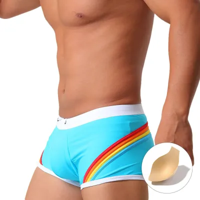 Men'S Fashion Rainbow Stripe Cup Swimming Trunks