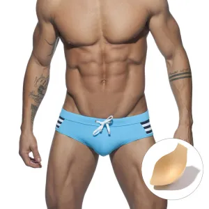 Men Fashion Simple Side Stripe with Cup Nylon Swimming Trunks Color Blocking