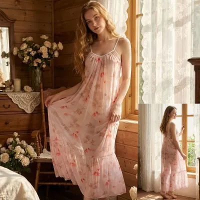 Women Fashion Sexy Summer Mesh Printed Breathable Sleeveless Backless Long Nightdress