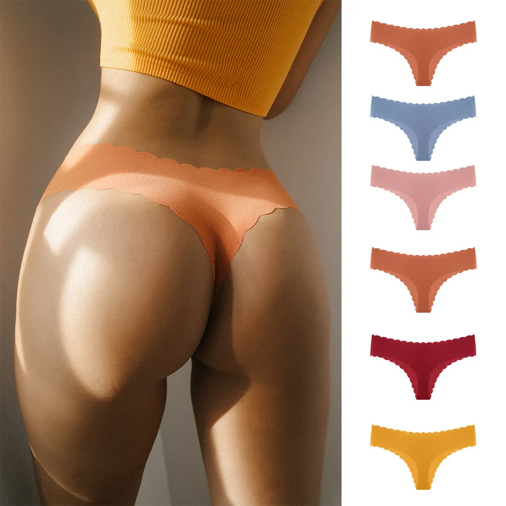 Women Fashion Solid Color Rib Ice Silk Non-Marking Waved Edge Thong