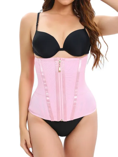 Women Fashion Solid Color Mesh 15-Bone Abdominal Belt Zipper-Buckle Double-Reinforced Shapewear