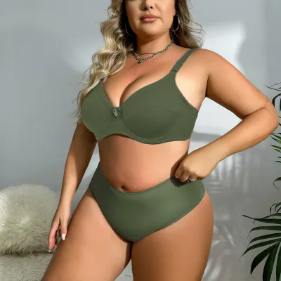 Women Fashion Simple Solid Color Plus Size Ultra-Thin Breathable Bra Underwear Set