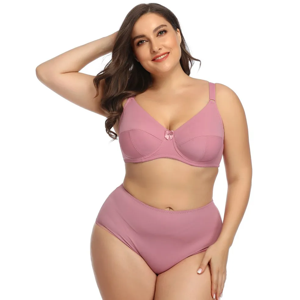Women Fashion Simple Solid Color Plus Size Ultra-Thin Breathable Bra Underwear Set