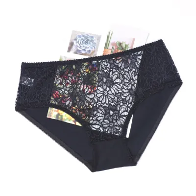 Women Fashion Sexy Plus Size Solid Color Lace Mid-Waist Underpants