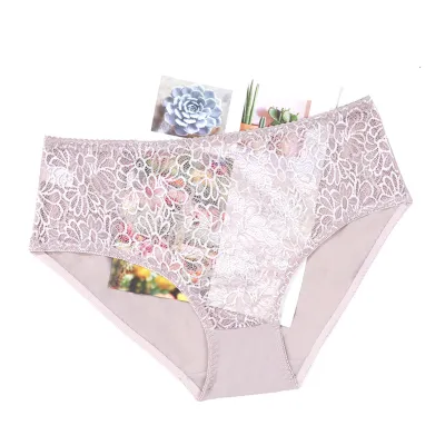 Women Fashion Sexy Plus Size Solid Color Lace Mid-Waist Underpants