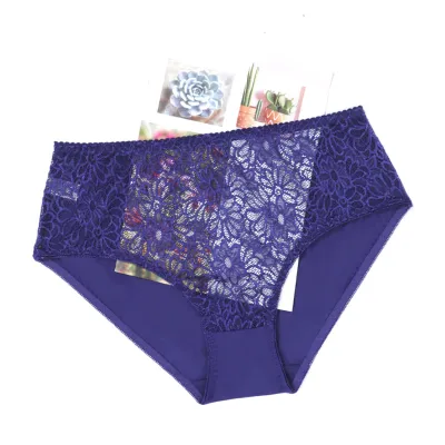 Women Fashion Sexy Plus Size Solid Color Lace Mid-Waist Underpants