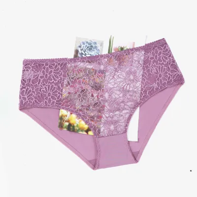Women Fashion Sexy Plus Size Solid Color Lace Mid-Waist Underpants