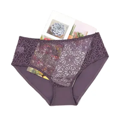Women Fashion Sexy Plus Size Solid Color Lace Mid-Waist Underpants