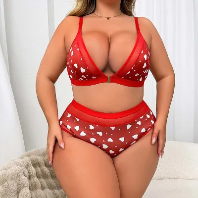 Women Fashion Sexy Plus Size Love Printed Deep V Low-Cut Gathering Bra Underpants Set