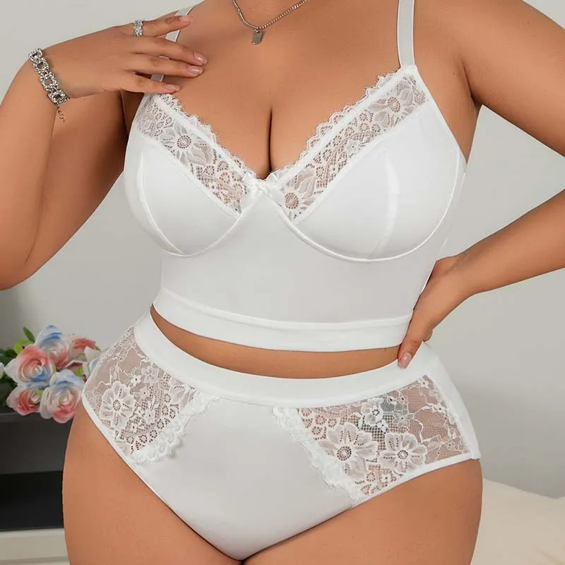 Women Fashion Sexysolid Color Plus Size Lace Perspective Push-Up Deep V-Neck Bra Underpants Set