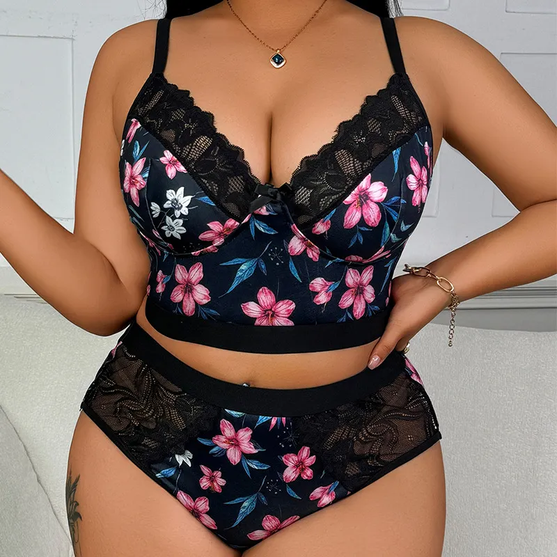 Women Fashion Sexy Plus Size Lace Floral Print Bra Underpants Set