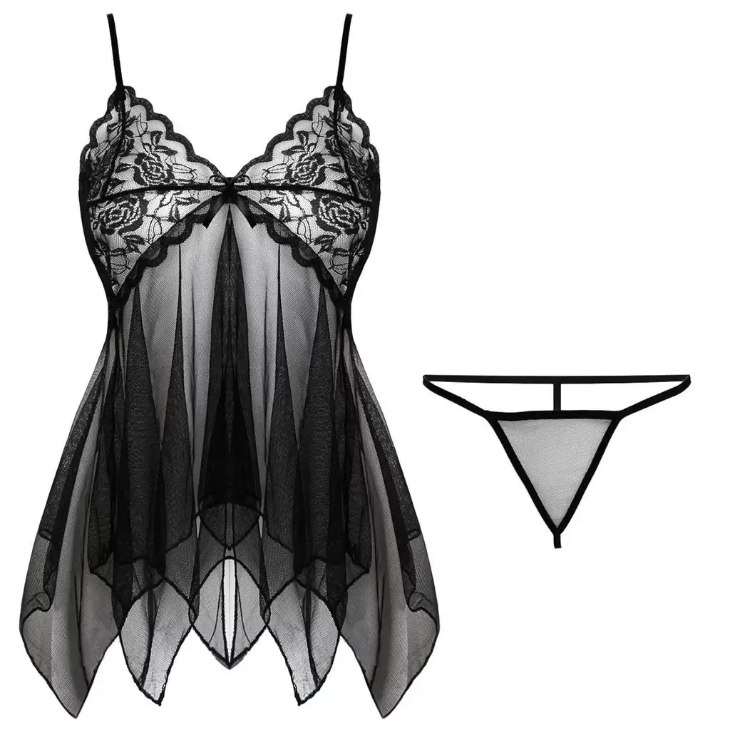 Women Fashion Solid Color Perspective Mesh Sexy Lingerie Set