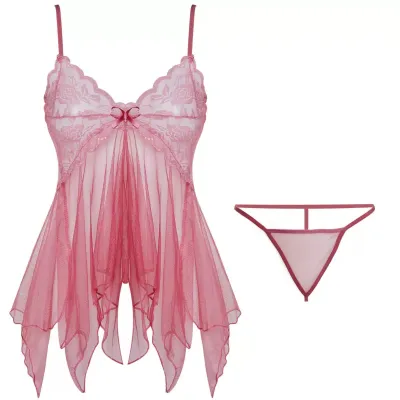 Women Fashion Solid Color Perspective Mesh Sexy Lingerie Set
