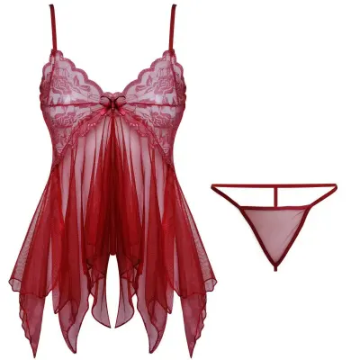 Women Fashion Solid Color Perspective Mesh Sexy Lingerie Set