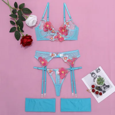 Women Fashion Flower Embroidered Mesh Garter Sexy Lingerie Set