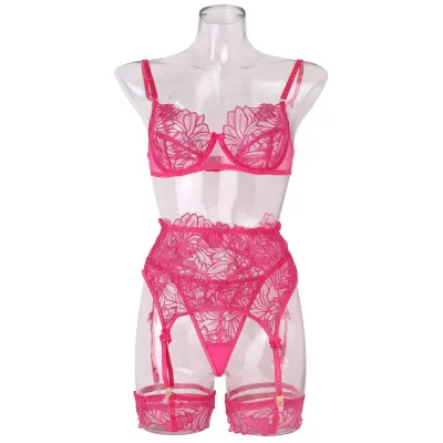 Women Fashion Solid Color Lace Embroidered Garter Belt Sexy Lingerie Set