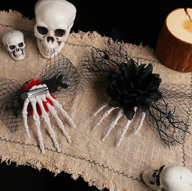 Halloween Skull Hand Bone Rose Flower Mesh Hairpin Side Clip Decoration