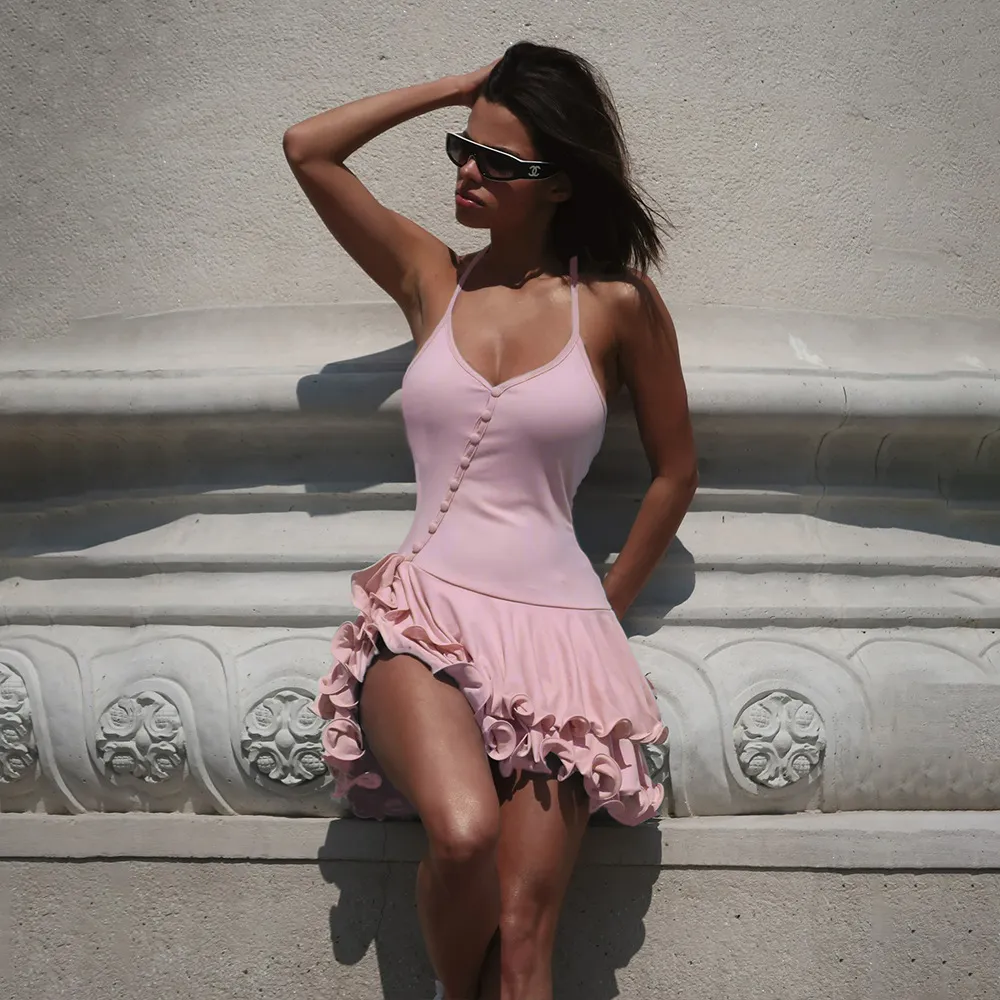 Summer Women'S Sexy Solid Color Neck Ruffle Single-Breasted Mini Dress