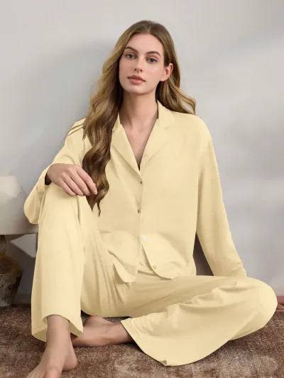 Women Fashion Casual Autumn And Winter Solid Color Long-Sleeve Cardigan Loose Pants Pajamas Two-Piece Set