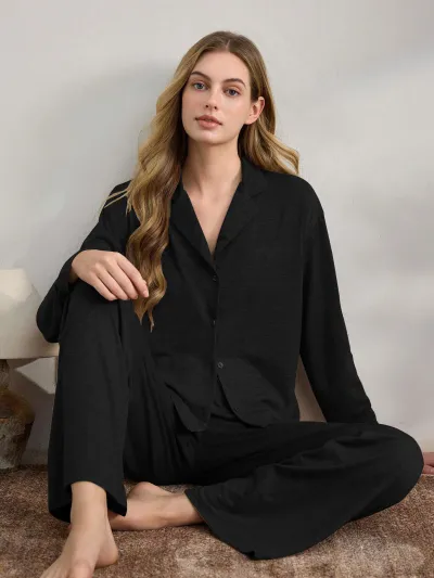 Women Fashion Casual Autumn And Winter Solid Color Long-Sleeve Cardigan Loose Pants Pajamas Two-Piece Set