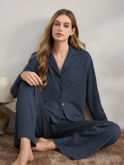 Women Fashion Casual Autumn And Winter Solid Color Long-Sleeve Cardigan Loose Pants Pajamas Two-Piece Set