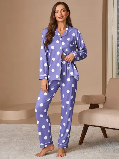 Women Fashion Casual Autumn Polka Dot Print Lapel Long-Sleeve Cardigan Loose Pants Pajamas Two-Piece Set
