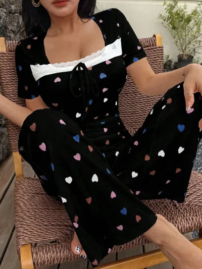 Women Fashion Casual Love Printed Fashion Short Sleeve T-Shirt Panst Pajamas Two-Piece Set