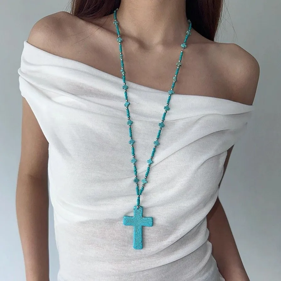Women's Fashion Retro Imitation Turquoise Cross Bead Long Necklace